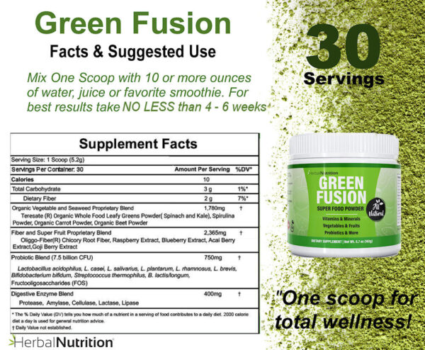 Green Fusion Super Food Powder Supplement Facts and Suggested Use
