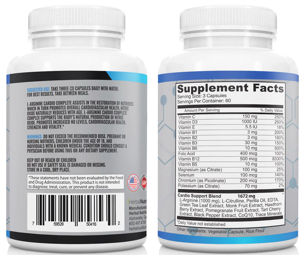 L-Arginine Cardio Complete Back of Bottles